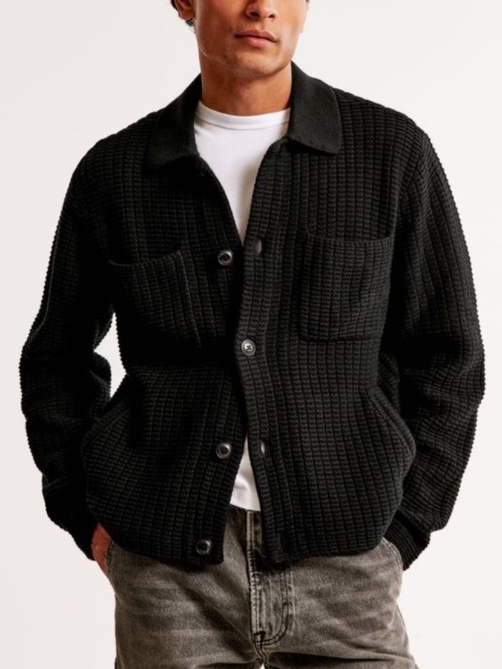 Abercrombie & Fitch Cropped Knit Shirt Jacket Black Chunky Button Collar NWT-XS
